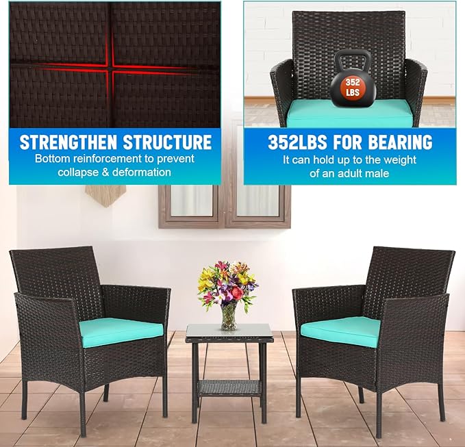 FDW 3 Piece Outdoor Furniture Set Patio Brown Wicker Chairs Furniture Bistro Conversation Set 2 Rattan Chairs with Blue Cushions and Glass Coffee Table for Porch Lawn Garden Balcony Backyard