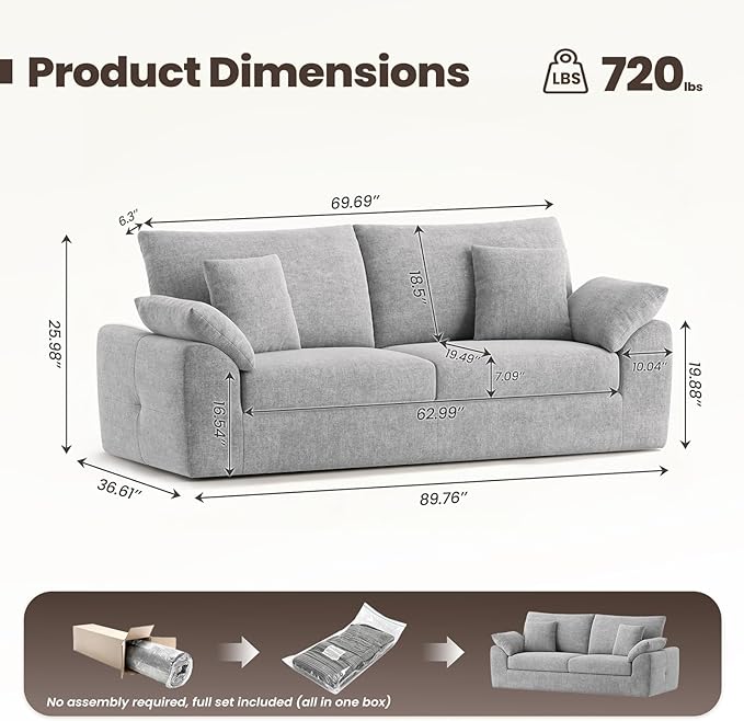 90" Boneless Loveseat Sofa, Cloud Foam Couch, 3 Seater Upholstered Midcentury Mondern Love Seat, Wide Armrest and 4 Pillows for Home Living Room/Small Spaces, No Assembly Required, Grey