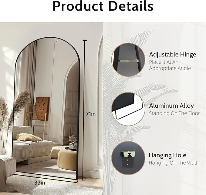 Beauty4U 71" x 32" Arch Full-Length Mirror, Black Metal Frame, Free Standing & Hanging Mounted for Living Room & Bedroom