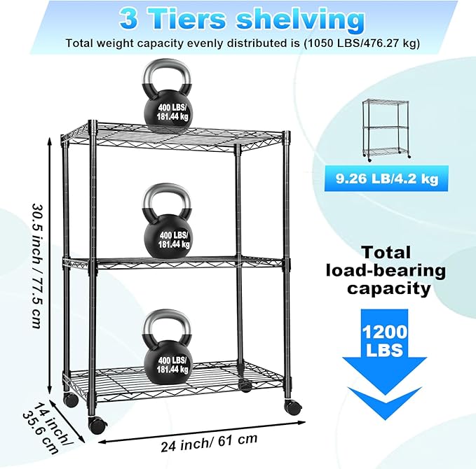 Whitmor 3 Tier Storage Shelves, Heavy Duty with Wheels, Adjustable Wardrobe Rack, 400 lbs Capacity per Shelf, Max 1200 lbs Total for Kitchen, Bathroom, Garage, 24" L x 14" W x 30.5" H, Black