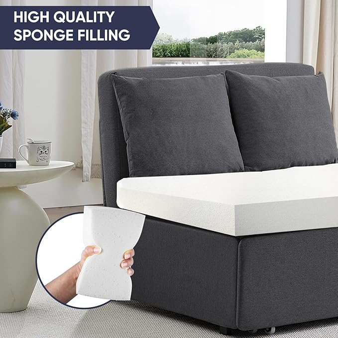 2 in 1 Pull Out Sofa Bed Full Size, Small Convertible Sleeper Sofa Couch, Linen Folding Guest Bed with Wheels and Cushions Pillow, Futon Sofas Couch Beds for Bedroom Office Lounge - Dark Grey