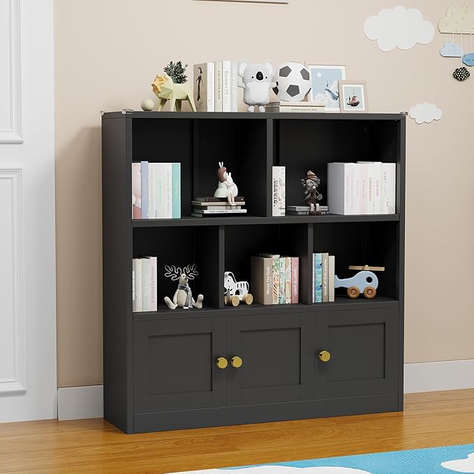 Toy Storage Organizer and Metal Kids Bookshelf with 3 Storage Cabinet and 5 Open Shelves, Multifunctional Display Shelf for Bedroom & Playroom, Ideal for Organizing Books, Toys & Decor, Black