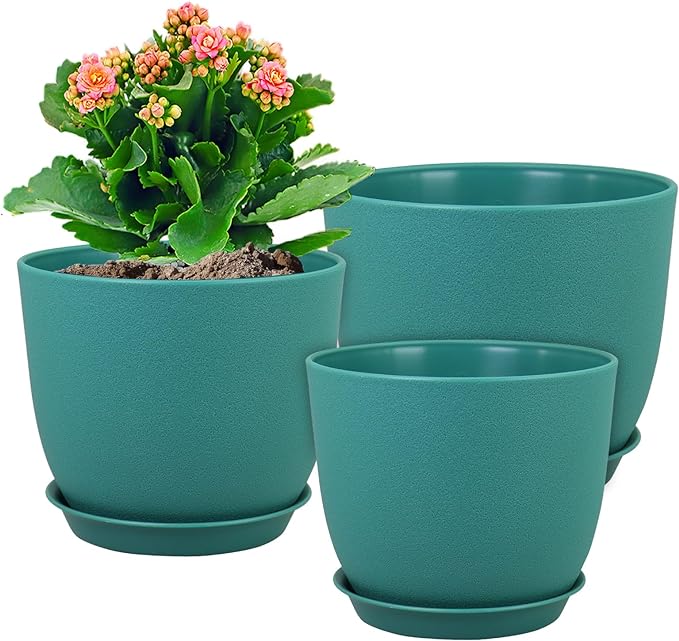 Flower Pots 10/9/8 inch, Set of 3 Modern Decorative Plastic Planters with Drainage Holes and Tray for House Plants Indoor Flowers Plants, Plant Pots for Indoor Outdoor Plants, Blue Green