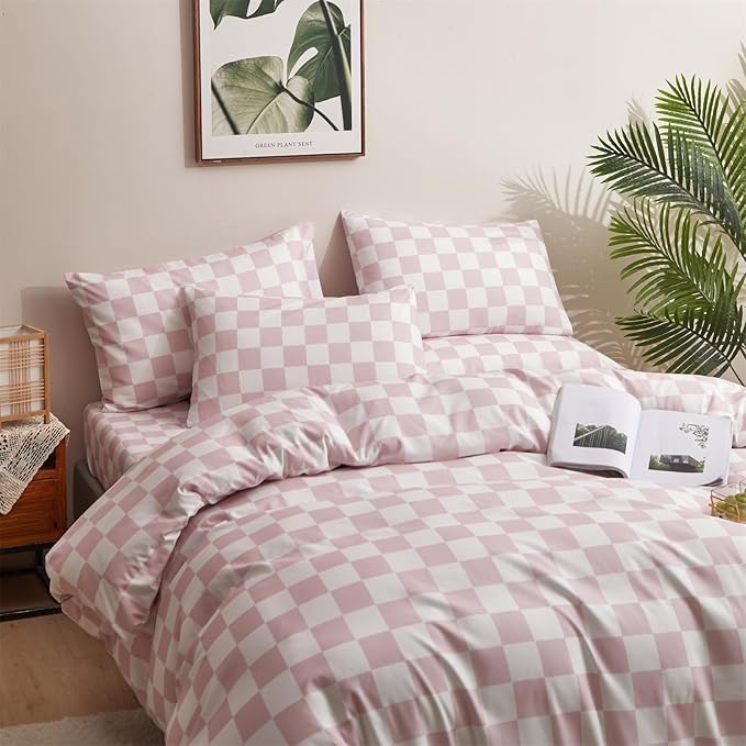 Pink and White Checkered Comforter Set Full Comforter Set 3 Piece Bedding Set with Lightweight Comforter and 2 Pillowcases Soft Microfiber All-Season