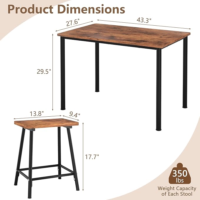 VECELO Kitchen Table and Chairs for 4, Dining Room Set with Chairs/Stools, Heavy-Duty Metal Frame with Wooden Tabletop for Small Spaces, Easy Assembly, Antique Brown
