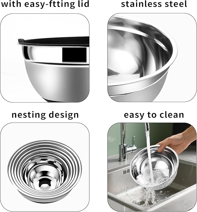 Lazycorner Mixing Bowls with Airtight Lids Set 5 Pcs Stainless Steel Bowls Set Baking Set Non-Slip Silicone Bottoms Great for Serving & Baking