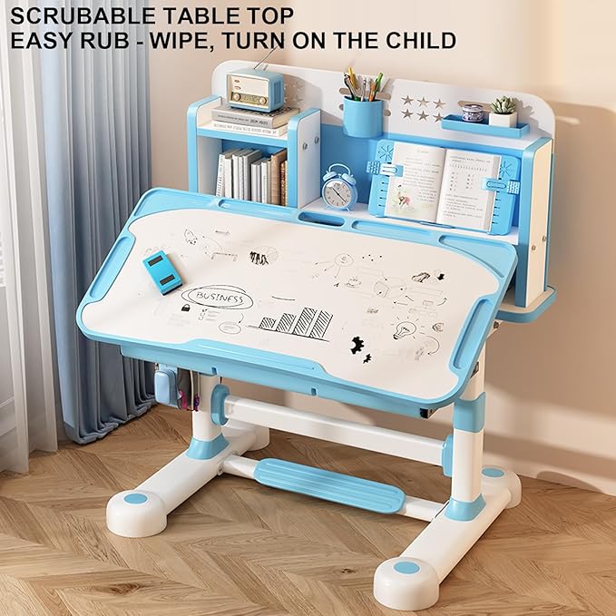 2025 Upgraded Kids Desk and Chair Set, 50 Degree Tiltable&Height Adjustable Kids Desk with Storage Drawers and Bookshelf, Ergonomic Study Table for Kid (Pink-New Type)