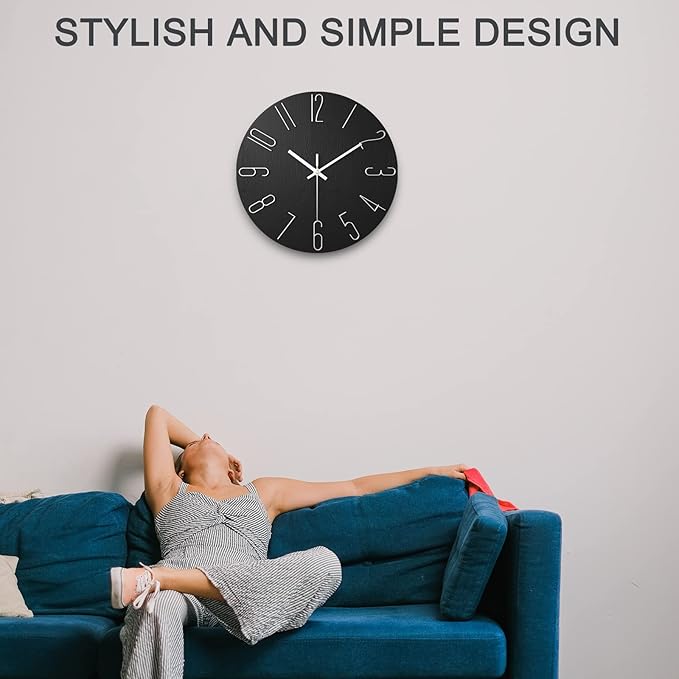 Faupugh Wall Clock Battery Powered 12 inch Silent Wall Clock, Exquisite Modern Style Decorative Clock, Suitable for Home, Office, School, Kitchen, Bedroom, Living Room (Black)