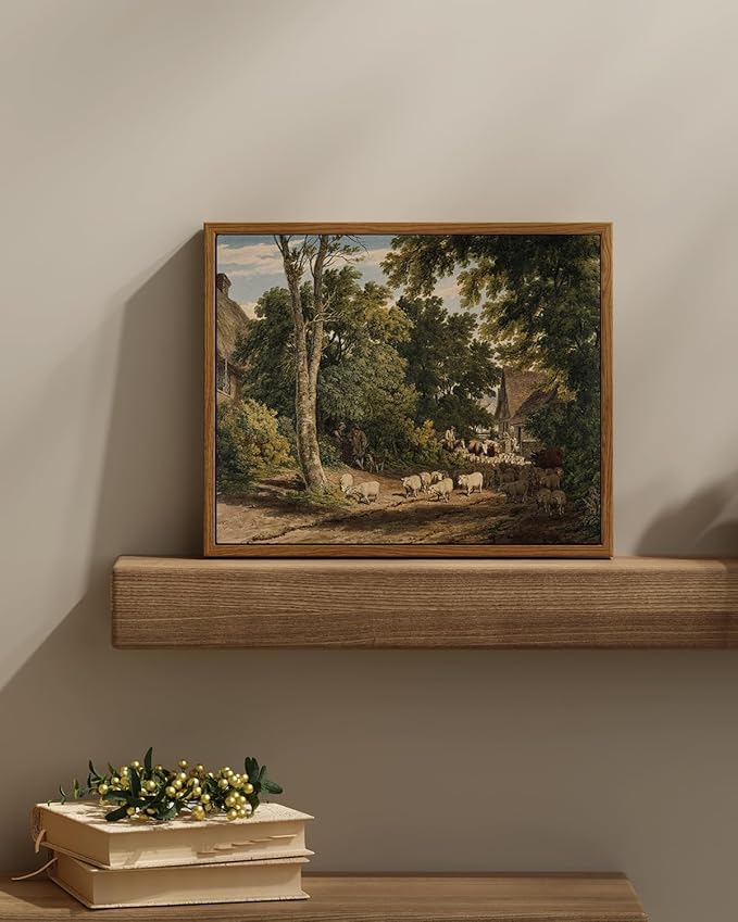 InSimSea Framed Canvas Wall Art Vintage Decor, Room Decor Classical Countryside Landscape Watercolor Painting Canvas Prints Wall Art for Living Room Badroom Farmhouse Bathroom Decor, 11"x14"