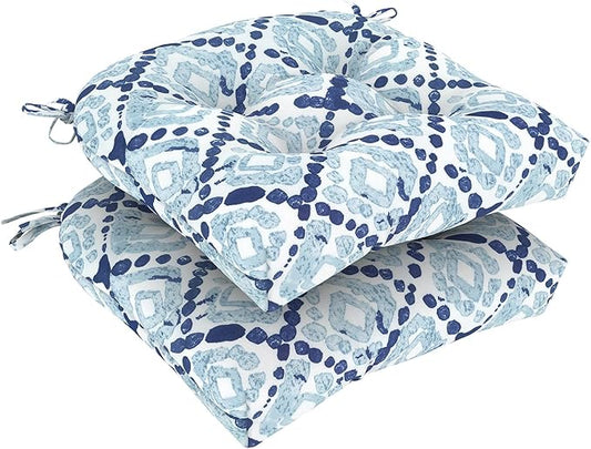Set of 2 Outdoor Tufted Chair Cushions 19"x19"x4", Water Repellent Patio Seat Cushions with Ties, Replacement Chair Pads for Wicker Dining and Patio Furniture - Boho Geometry Blue