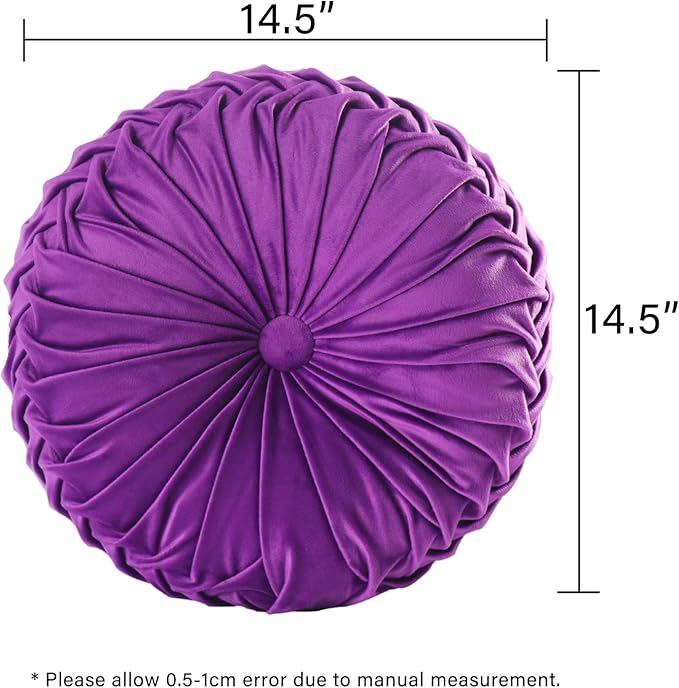 HIG Set of 2 Decorative Round Pleated Throw Pillows, Classy Accent Pumpkin Throw Pillows with Center Button, Vintage Velvet Floor Pillows for Sofa Vanity Chair Bed, Purple, 14.5" Diameter(Ripple)