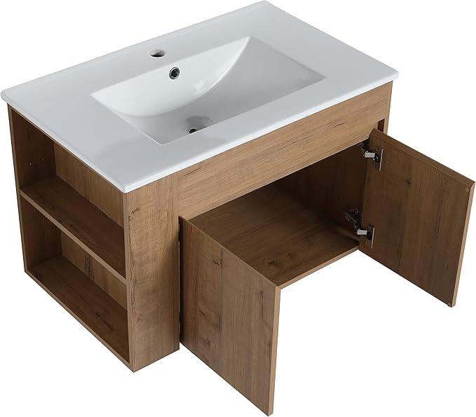 Goujxcy 30" Wall Mounted Bathroom Vanity with Sink, Modern Floating Bathroom Cabinet with White Ceramic Basin and Storage Cabinet/Shelf, Soft-Closing Door Wood Hanging Bath Room Cabinets