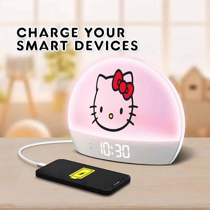 Hello Kitty Sunrise Alarm Clock - Multicolor Lights, USB Charging, LED Display, and Snooze Function