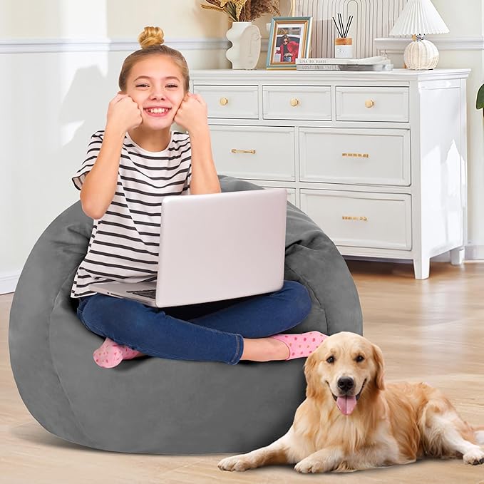 2FT Bean Bag Chair with Ultra Soft Velvet Cover Bean Bag Sofa with Memory Foam Bean Bag Chairs with Large Size Lazy Sofa for Dorm Office Living Room Bedroom Grey 2'