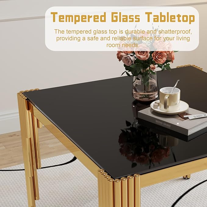 3 Piece Glass Dining Table Set, 35" Square Glass Kitchen Table with 2 Black Velvet Upholstered Chairs, Gold Dining Table for 2 with Chairs Set for Kitchen, Living Room