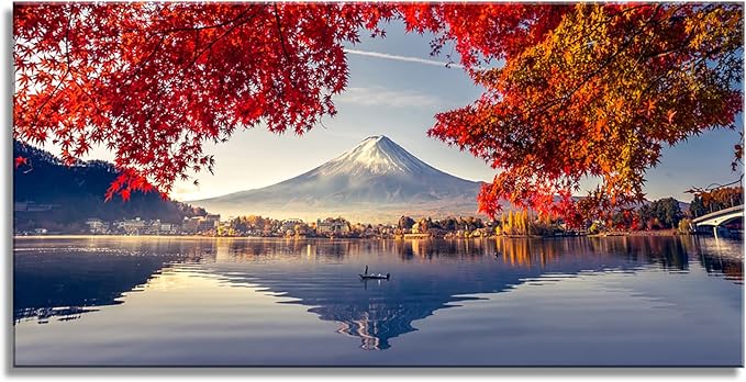 Canvas Prints Mountain Fuji with Morning Fog and red Leaves at Lake Kawaguchiko Nature Picture Wall Art Framed Artwork for Living Room Bedroom Kitchen Home and Office Wall Decor
