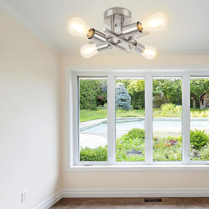 WILON Semi Flush Mount Ceiling Light Fixture, Modern Flush Mount Ceiling Lights, 4-Light Brushed Nickel Sputnik Ceiling Light Fixture with E26 Bulb Base for Hallway Farmhouse Kitchen Bedroom