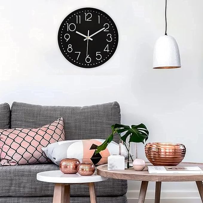 Kitchen Wall Clocks Vintage Style Non-Ticking Wall Clock Battery Operated Quartz Analog Silent Movement Large Decorative Clock Arabic Numerical for Home Office Decor 12 Inch - Black 2