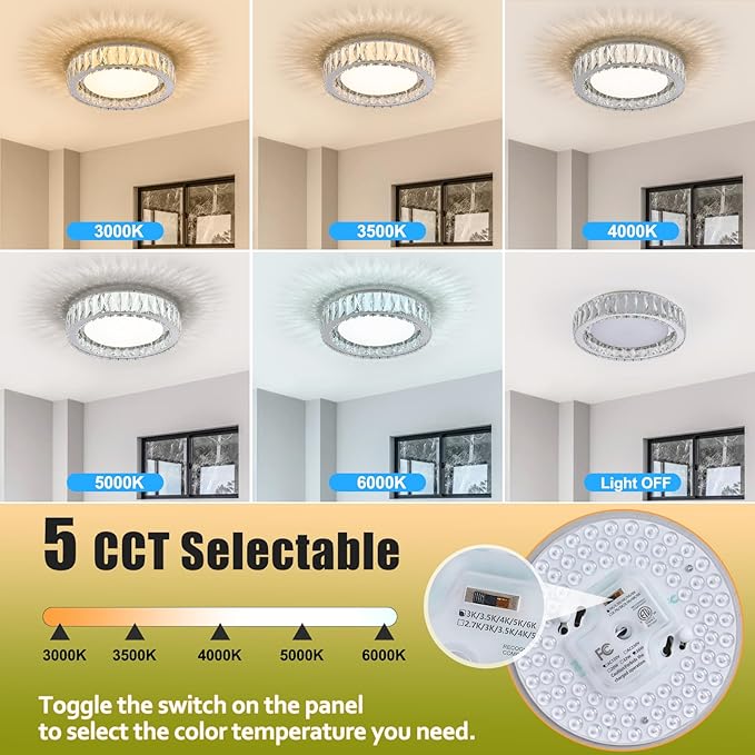 15 Inch Modern Chrome Crystal Flush Mount Chandelier,Dimmable LED 5CCT 3000K-6000K 36W,Large Round Luxury Close to Ceiling Light Fixtures for Living Room,Bedroom,Kitchen,Dining Room