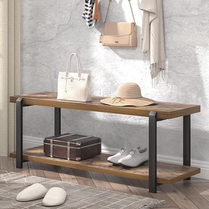 EXCEFUR Entryway Bench, Industrial Shoe Storage Bench for Living Room Bedroom, Rustic Brown