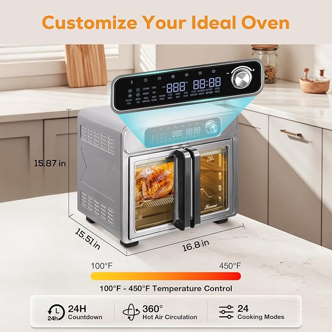 Extra Large French Door Air Fryer Toaster Oven Combo, 24 Cooking Functions and Digital Controls, 6 Accessories Included, Stainless Steel Finish, 26QT Capacity, Fits 12" Pizza, Rotisserie 6lb Chicken