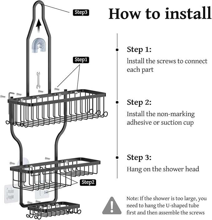 YASONIC Shower Caddy Hanging - Never Rust Shower Organizer - Aluminum over The shower head caddy with 10 Hooks for Razor/Sponge - Shower Rack with Soap Basket - Black