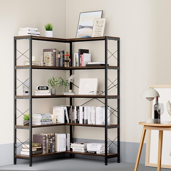 Corner Bookshelves and Bookcases Industrial Corner Etagere Bookcase L Shaped Shelf 5-Tiers with Metal Frame for Living Room Home Office