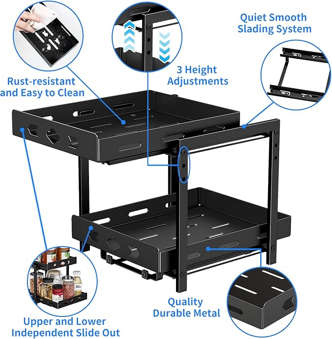 Pull Out Spice Racks for Inside Cabinets, 2-Tier Cabinet Spice Rack, Height Adjustable Spice Rack Organizer for Cabinet, Kitchen Vertical Spice Rack (9.7''Wx10.8''Dx9.2''H, Metal Black)