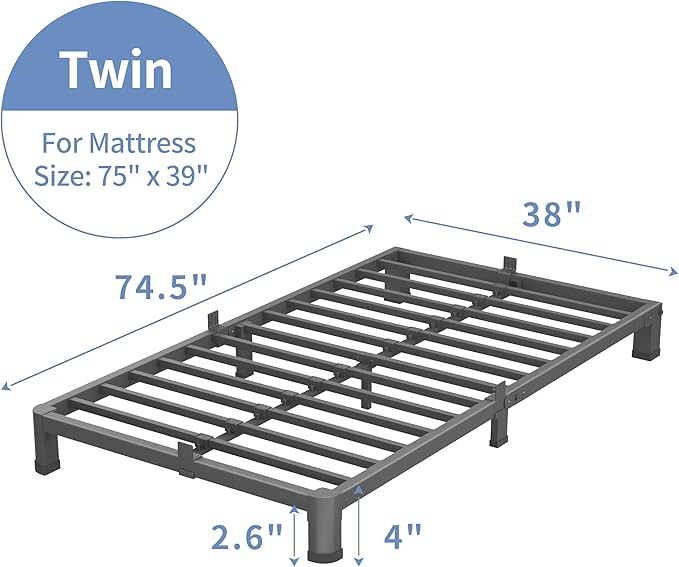 4 Inch Twin Size Bed Frame, 3500Lbs Heavy Duty Metal Platform with Round Corner Legs Mattress Slide Stopper, Steel Slat Support No Box Spring Needed, Noise Free, Non-Slip, Easy Assembly