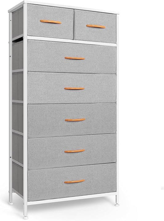 Tall Dresser for Bedroom, Vertical Storage Organizer Tower with 7 Drawers, Chest of Drawers with Fabric Bins, Steel Frame, Wood Top for Bedroom, Closet, Entryway- Light Grey