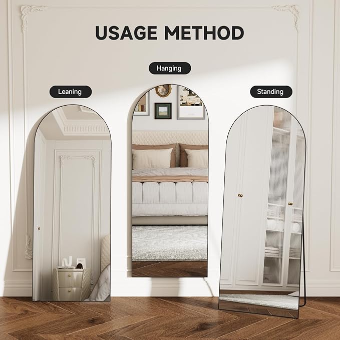 Arched Full Length Mirror 64"x21", Black Tempered Glass Wall Hanging Mounted Body Length Mirrors with Stand, Large Floor Aluminum Alloy Thin Frame