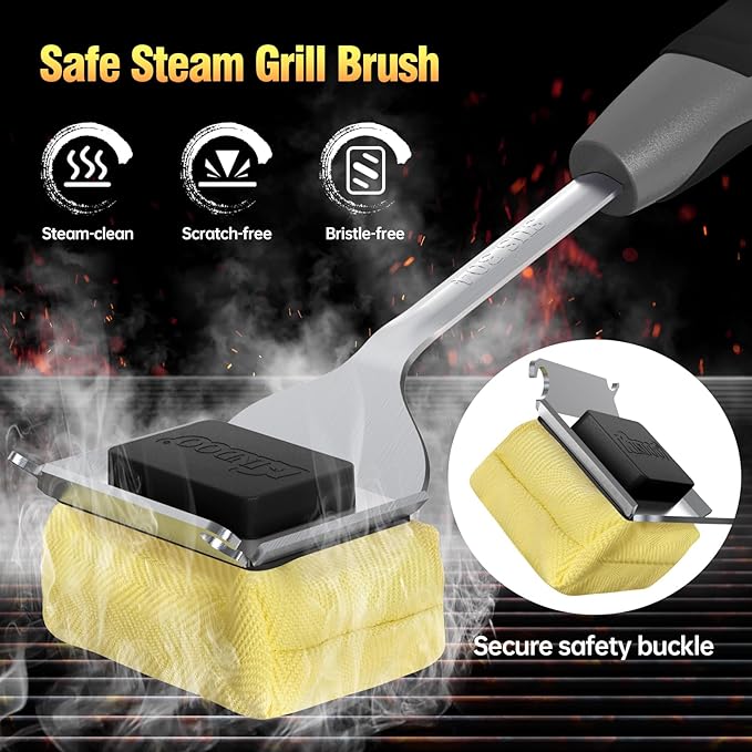 Grill Brush Bristle Free for Outdoor Grill, Steam Grill Cleaning Brush Replaceable BBQ Cleaner Brush Head,Extended Handle, Safe Grill Brush with Scraper for Cast Iron Stainless-Steel Grates,Black