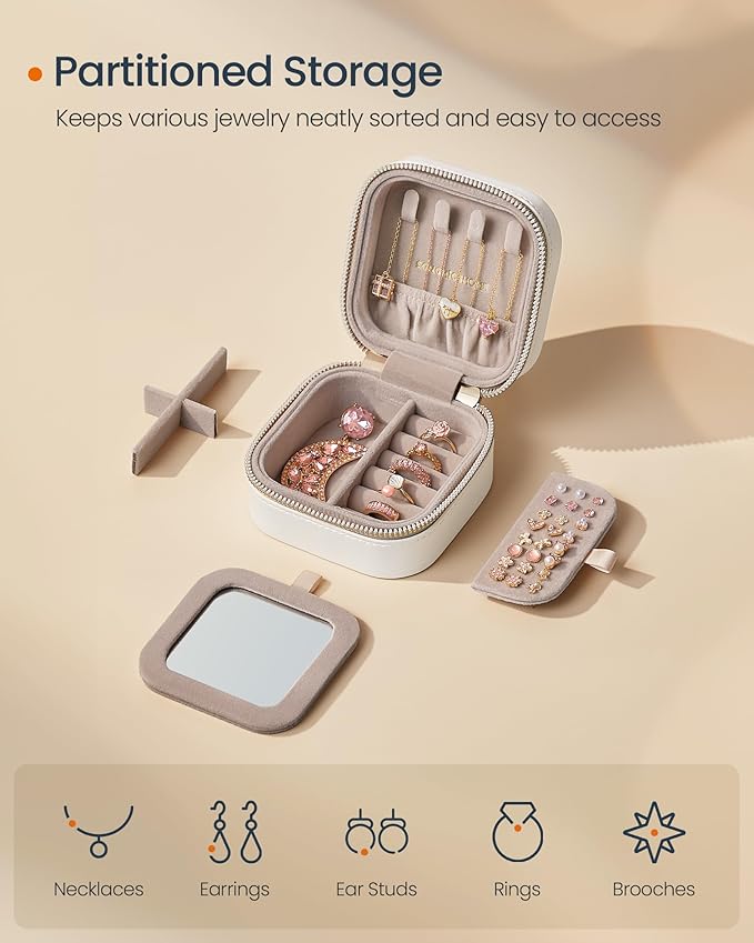 SONGMICS HOME Travel Jewelry Case, Small Jewelry Box Organizer with Mirror, 4.1 x 4.1 x 2.4 Inches, PU Surface with Stitching, Portable, Cloud White, ANAH Collection UJBC179W01