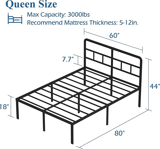 18 Inch Queen Bed Frame with Headboard No Box Spring Needed, Heavy Duty Metal Queen Size Platform with Steel Slat, Mattress Foundation, Easy Assembly, Noise Free, Black