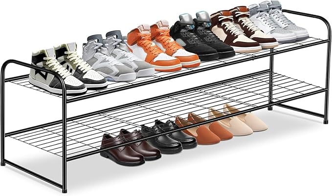 KEETDY 2-Tier Long Shoe Organizer for Closet Metal Shoe Rack for Entryway, Wide Stackable Shoe Shelf Storage with Sturdy Wire Grid for Closet Floor, Bedroom, Black