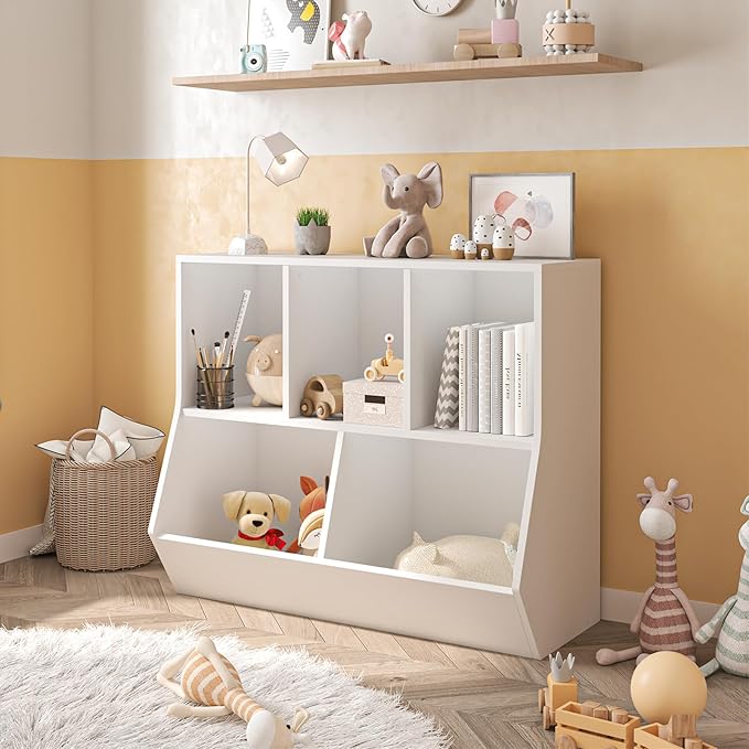 oneinmil Kids Bookshelf, Toy Storage Cubby, Children's Toy Shelf, 35.4" L Storage Cabinet, Fit for Children's Room, Hallway, Kindergarten and Playroom, White