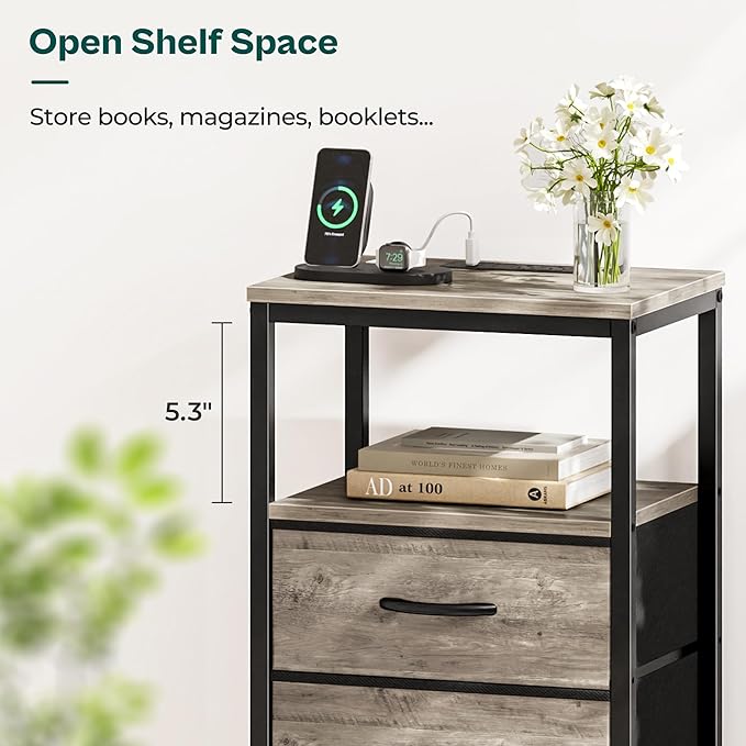 Huuger Nightstand with Charging Station, 27.6 Inch End Table Bedside Table with USB Ports and Outlets, Night Stand for Bedroom, Fabric Drawers, Oak