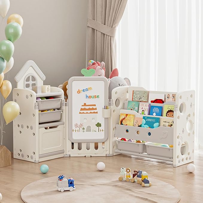 Kids Toy Storage Organizer with 10 Removable Bins, Foldable Toy Organizers and Storage with 3-Tier Bookshelf for Kids Toy Storage Organizer with Drawing Board, Extra 3 Brushes (3 In 1 Off-white)