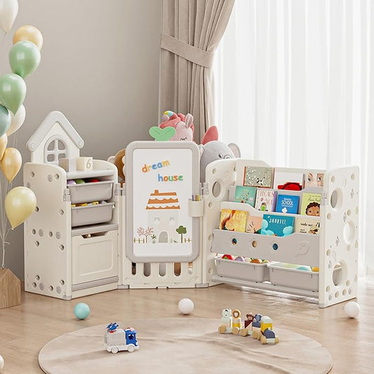 Kids Toy Storage Organizer with 10 Removable Bins, Foldable Toy Organizers and Storage with 3-Tier Bookshelf for Kids Toy Storage Organizer with Drawing Board, Extra 3 Brushes (3 In 1 Off-white)