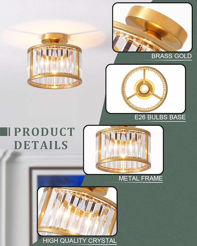 Black Flush Mount Ceiling Light, 2- Light Caged Crystal Chandelier, Small Drum Hallway Light fixtures Ceiling Mount (8.6 INCH Brass Gold（1-Light）)