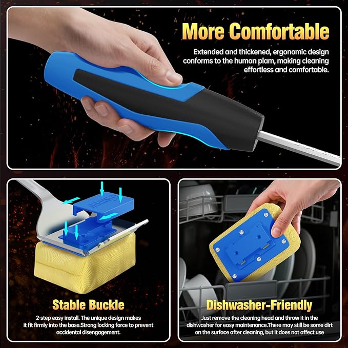 Grill Brush Bristle Free for Outdoor Grill, Steam Grill Cleaning Brush Replaceable BBQ Cleaner Brush Head,Extended Handle, Safe Grill Brush with Scraper for Cast Iron Stainless-Steel Grates,Blue