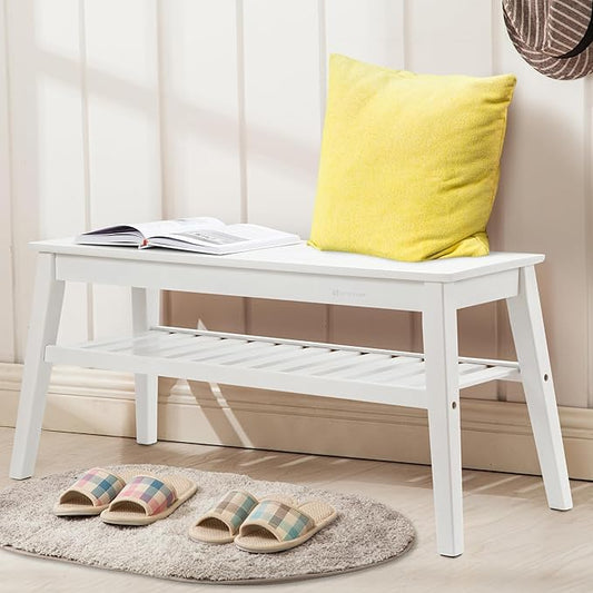 Nnewvante 33.46" Bamboo Dining Bench, 2 Tier Indoor White Storage Bench for Entryway, Outdoor Wooden Bench, Small Wood Benches for Front Porch, Living Room, Bedroom, Holds up to 300 lbs