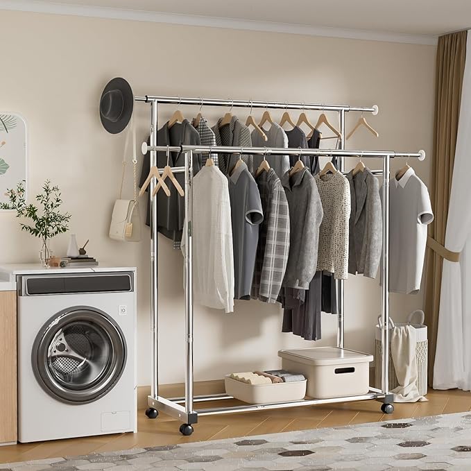 Clothes Rack for Hanging Clothes, Stainless Steels Coat Rack with Wheels, Clothing Rack, Garment Rack, Portable Closet, Portable Closet, Adjustable Length