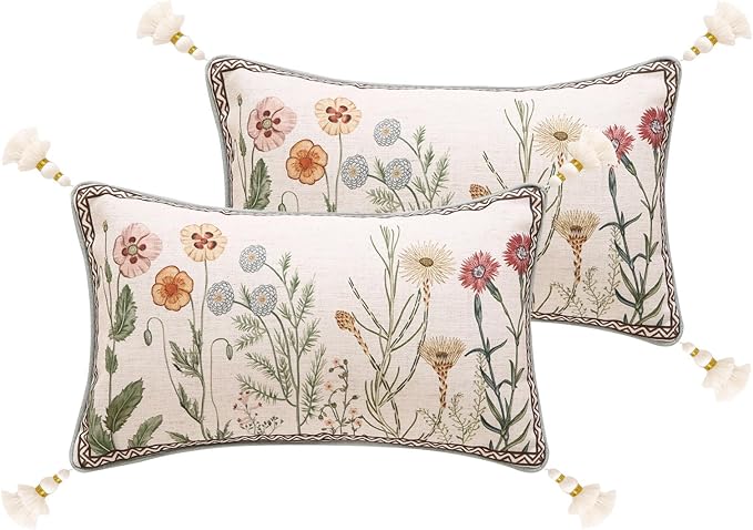 Design Linen Throw Pillow Covers 12"x20" Pack of 2, Lumbar Farmhouse Cushion Covers with Yellow Purple Watercolor Wildflower Pattern Decor Pillowcases for Bed,Living Room,Outdoor,Car