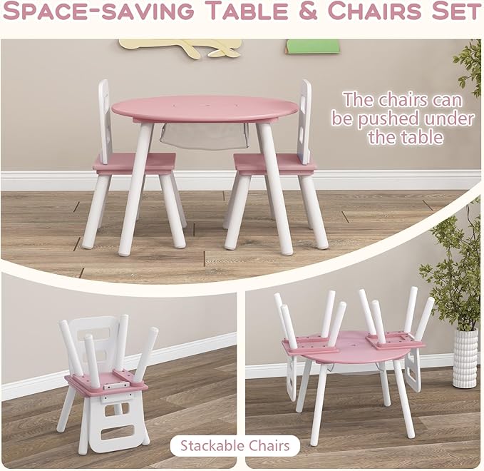 Costzon Kids Table and Chair Set, Wood Activity Table w/Center Mesh Storage, Children Furniture Gift for Boys & Girls, Ideal for Arts, Crafts, Snack Time, Homework, Toddler Table and Chair Set (Pink)