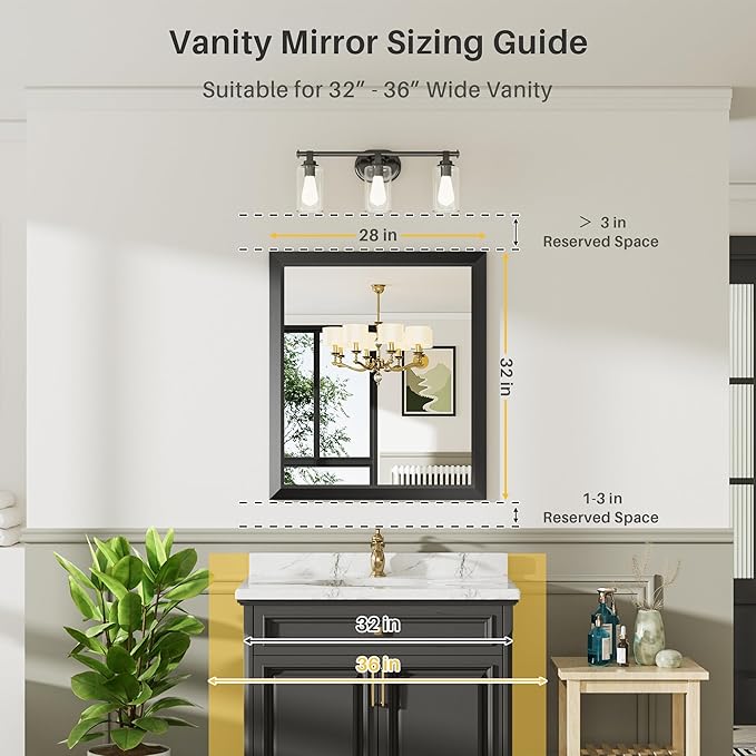 28x32 Inch Black Bathroom Mirror for Wall, Thick Metal Framed Rectangle Mirrors for Over Sink, Bedroom, Living Room, Entryway, Anti-Rust, HD Tempered Glass