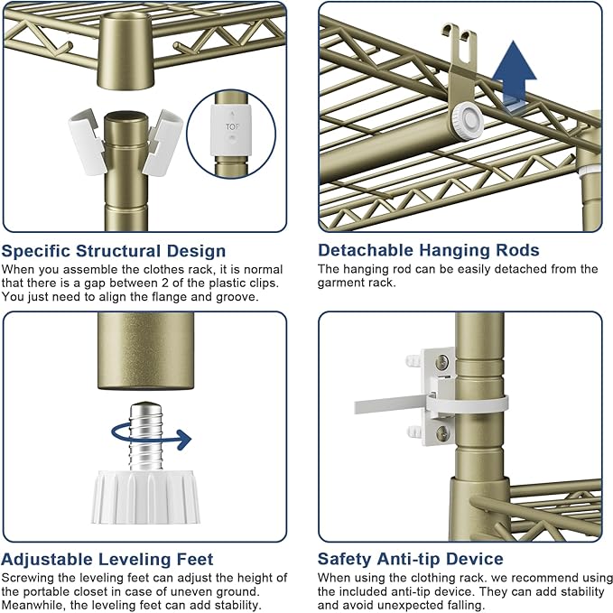 Ulif E12 Clothes Rack，Heavy Duty Freestanding Garment Rack with Shelves，Metal Clothing Closet Storage System for Hanging Clothes，71" W x 16" D x 76.5" H, Hold 960 lbs，Gold