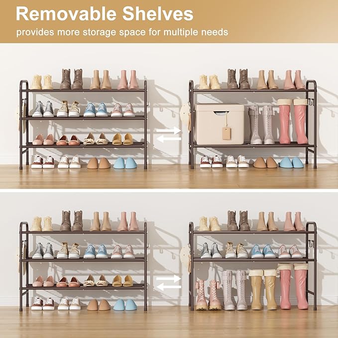 3 Tier Shoe Rack 33" Wide Metal Shoe Organizer Long Shoe Storage with 4 Side Hooks Sturdy Shoes Shelf for Front Door Entrance, Closet, Garage, Dorm, Brown