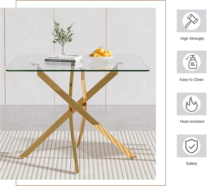 Goujxcy Glass Dining Table Set for 4, Modern Kitchen Table and Chairs Set of 4, 5-Piece Kitchen Dining Room Table Set w/36 Square Gold Glass Dining Table and 4 Beige Velvet Upholstered Chairs