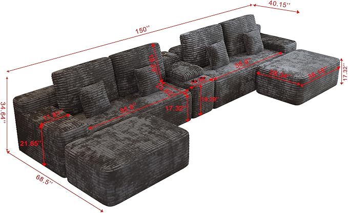 KEIKI 150" U-Shaped Oversized Corduroy Modular Sectional Sofa with 2 Ottomans and Multi Functional Console, 6-Seater Upholstered Couch with USB and 2 Cup Holder, Easy Assembly, for Living Room, Black